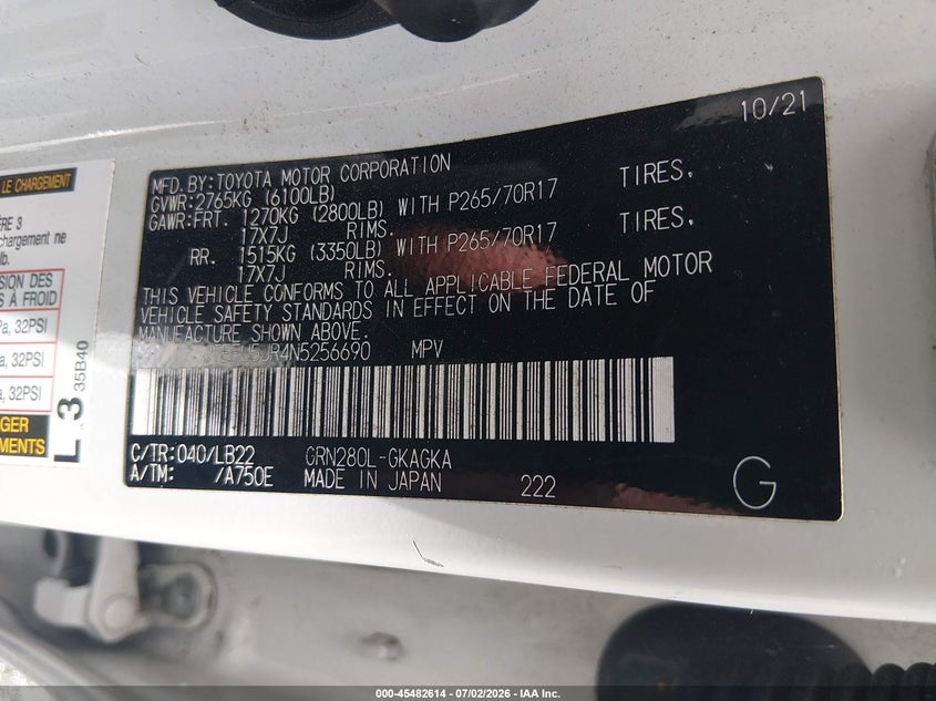 2022 Toyota 4Runner Sr5 Premium VIN: JTEFU5JR4N5256690 Lot: 45482614