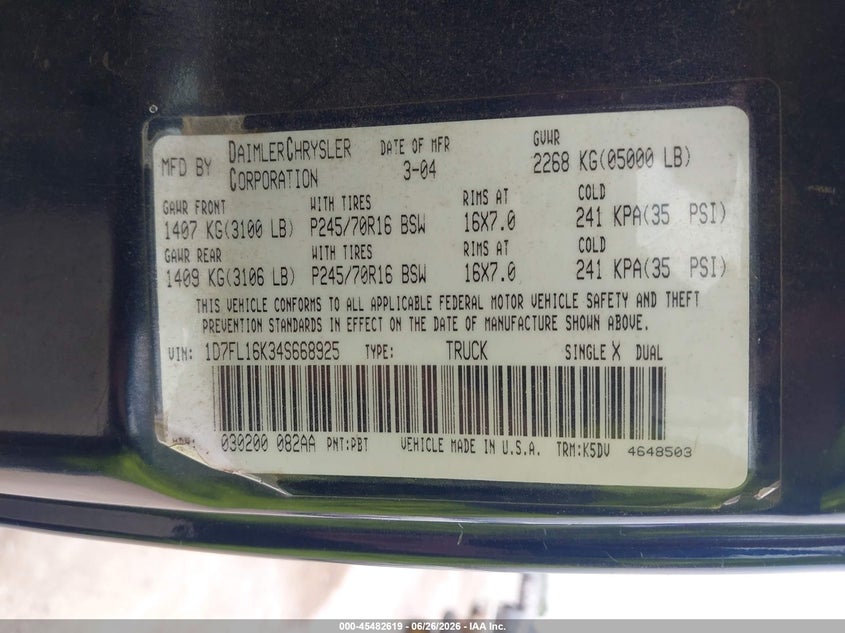2004 Dodge Dakota VIN: 1D7FL16K34S668925 Lot: 45482619