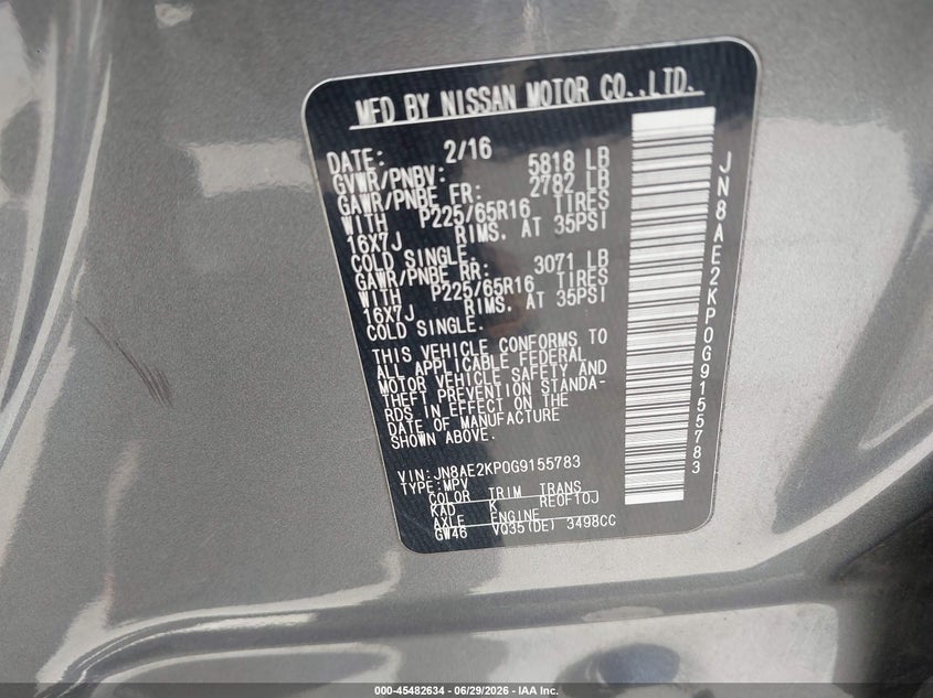 2016 Nissan Quest Platinum/S/Sl/Sv VIN: JN8AE2KP0G9155783 Lot: 45482634