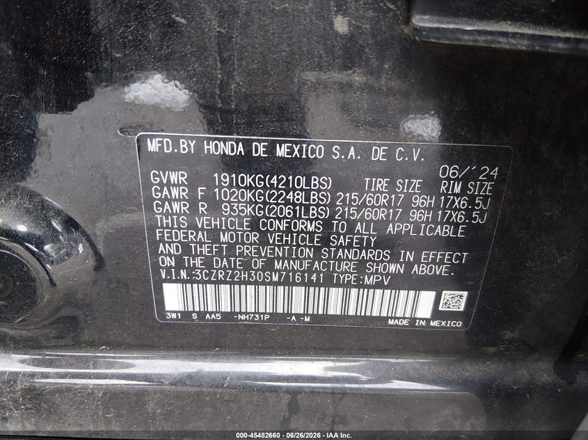 2025 Honda Hr-V Awd Lx VIN: 3CZRZ2H30SM716141 Lot: 45482660