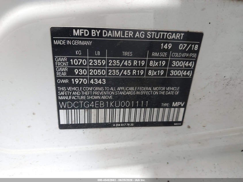 2019 Mercedes-Benz Gla 250 VIN: WDCTG4EB1KU001111 Lot: 45482663