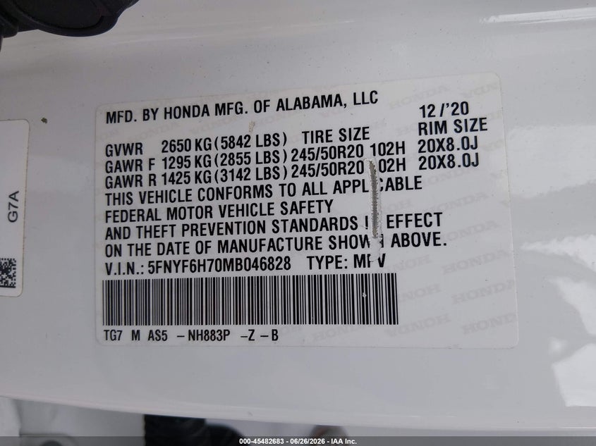2021 HONDA PILOT SPORT UTILITY VEHICLE 3.5L V-6 DI, VVT, 280HP