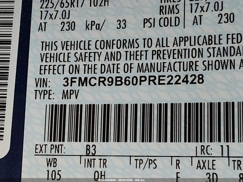 FORD BRONCO SPORT 2023 VIN 3FMCR9B60PRE22428