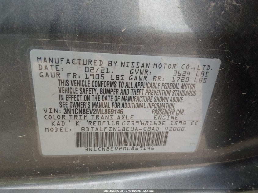 2021 NISSAN VERSA SEDAN 1.6L I-4 DOHC, VVT, 122HP