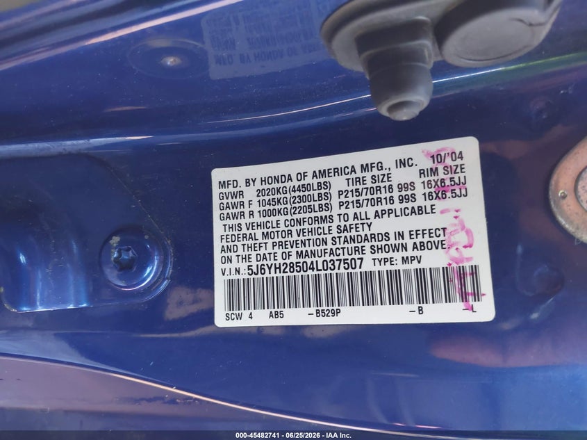 2004 Honda Element Ex VIN: 5J6YH28504L037507 Lot: 45482741