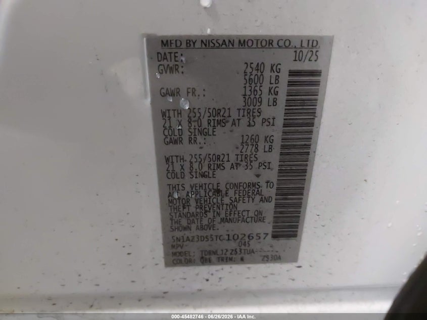 2026 Nissan Murano Platinum VIN: 5N1AZ3DS5TC102657 Lot: 45482746