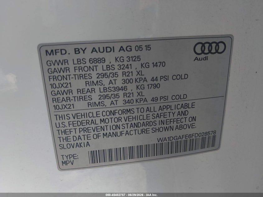 2015 AUDI Q7 SPORT UTILITY VEHICLE 3.0L V-6 DI, DOHC, VVT, SUPERCHARGER, 333HP