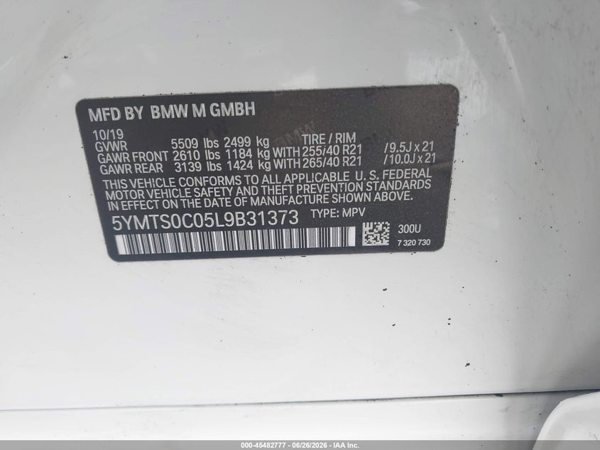 BMW X3 M 2020 VIN 5YMTS0C05L9B31373