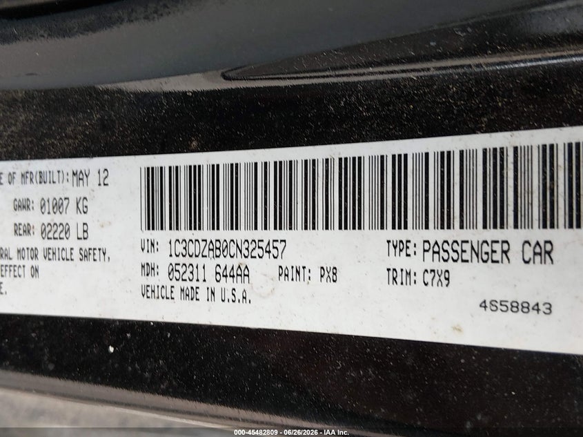 2012 Dodge Avenger Se VIN: 1C3CDZAB0CN325457 Lot: 45482809