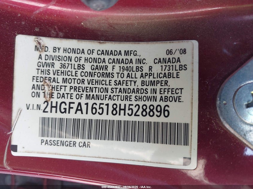 2008 HONDA CIVIC SEDAN 1.8L I-4 VVT, 140HP