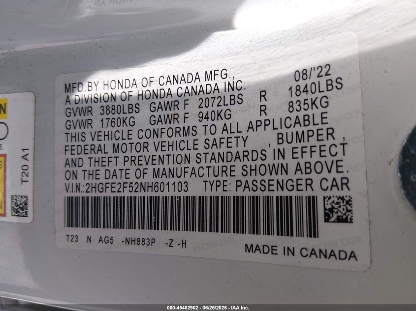 HONDA CIVIC 2022 VIN 2HGFE2F52NH601103