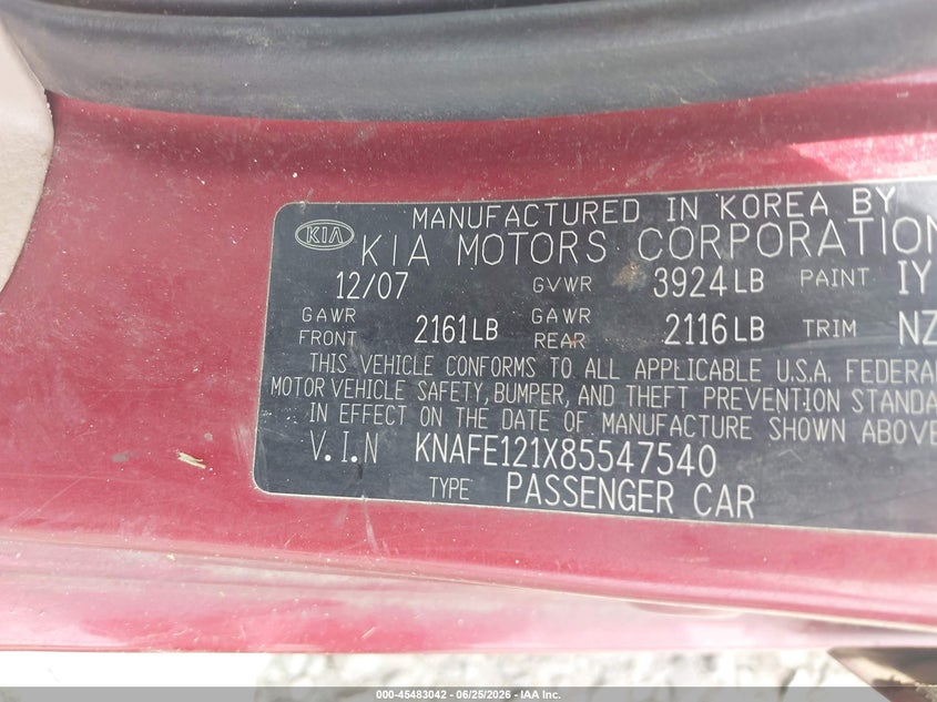 2008 Kia Spectra Ex VIN: KNAFE121X85547540 Lot: 45483042