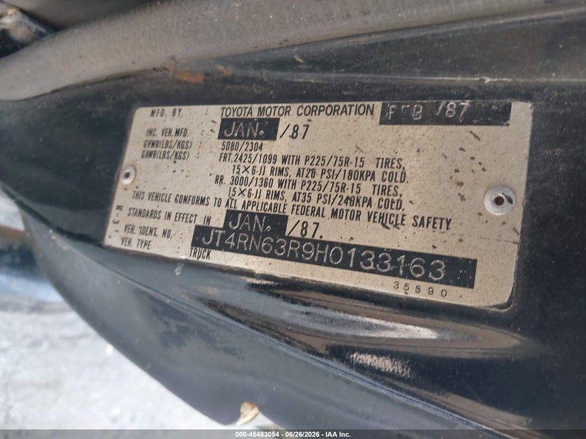 1987 Toyota Pickup Rn63 Std VIN: JT4RN63R9H0133163 Lot: 45483054