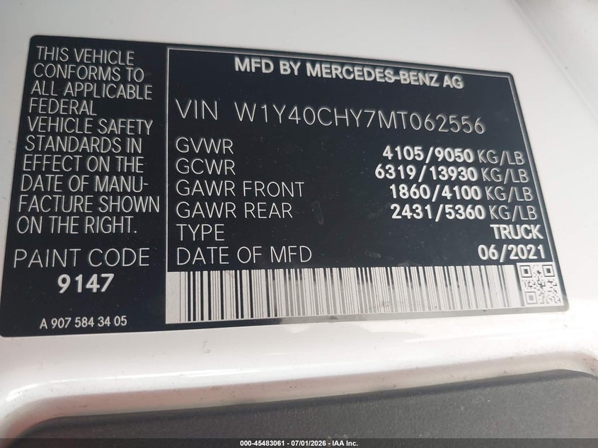 2021 Mercedes-Benz Sprinter 2500 High Roof I4 VIN: W1Y40CHY7MT062556 Lot: 45483061