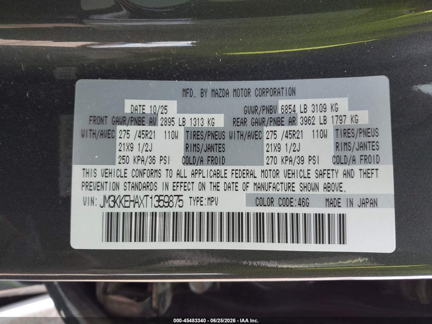 2026 Mazda Cx-90 Phev Premium Plus VIN: JM3KKEHAXT1359875 Lot: 45483340