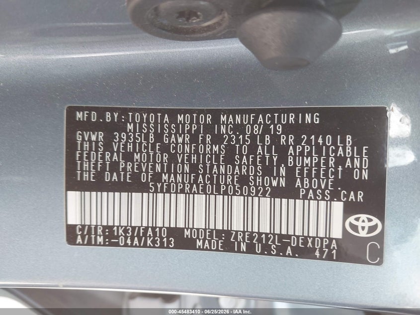 VIN 5YFDPRAE0LP050922 2020 TOYOTA COROLLA L
