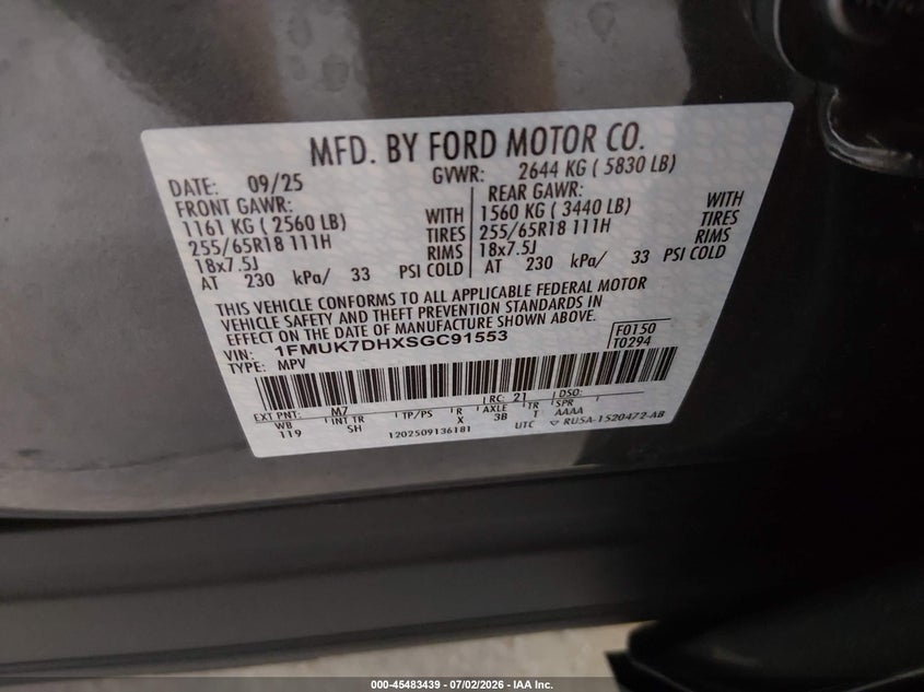 2025 Ford Explorer Active VIN: 1FMUK7DHXSGC91553 Lot: 45483439