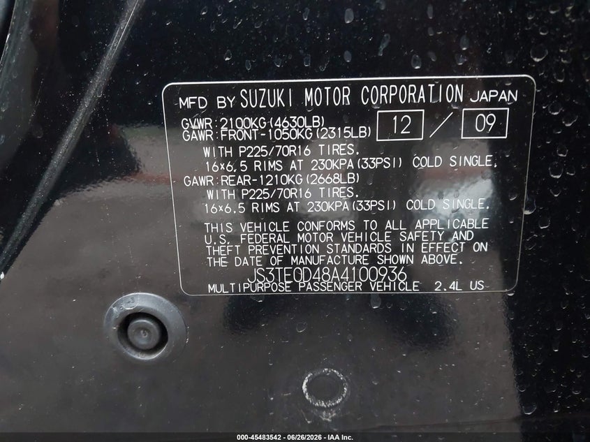 2010 Suzuki Grand Vitara Xsport VIN: JS3TE0D48A4100936 Lot: 45483542