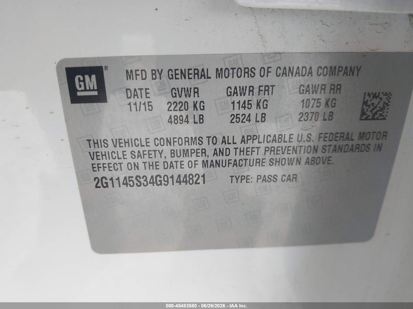 2016 CHEVROLET IMPALA SEDAN 3.6L V-6 DI, DOHC, VVT, 305HP