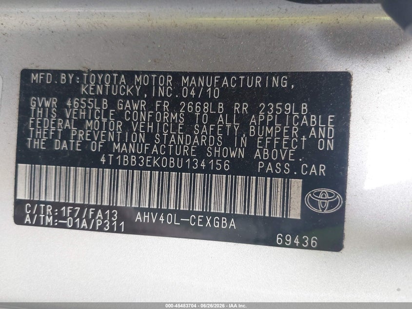 2011 Toyota Camry Hybrid VIN: 4T1BB3EK0BU134156 Lot: 45483704