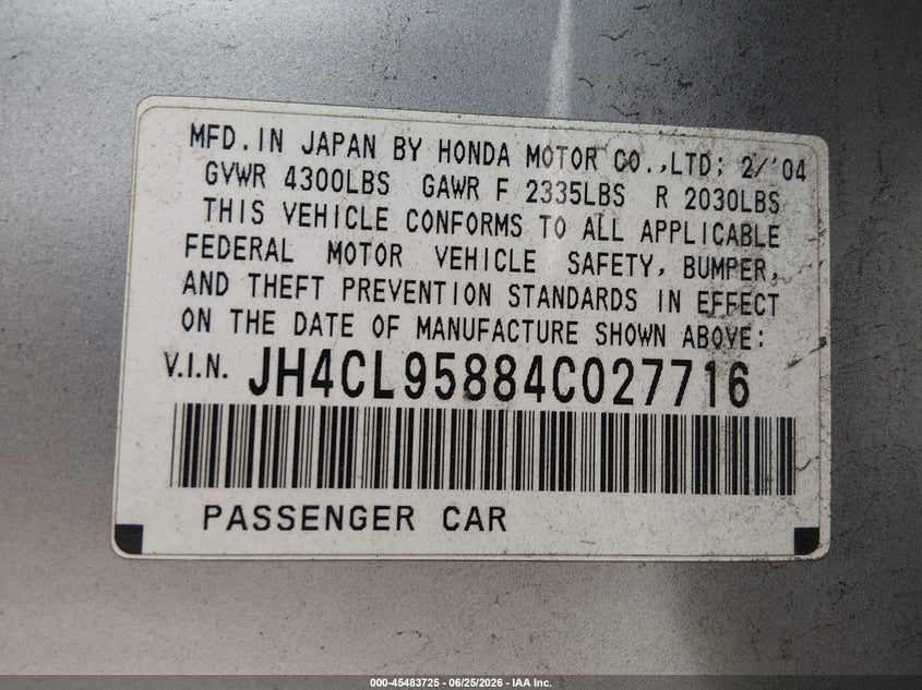 2004 Acura Tsx VIN: JH4CL95884C027716 Lot: 45483725
