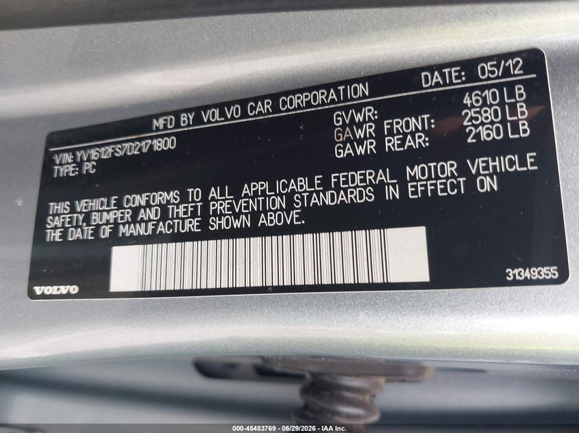 2013 Volvo S60 T5/T5 Platinum/T5 Premier/T5 Premier Plus VIN: YV1612FS7D2171800 Lot: 45483769