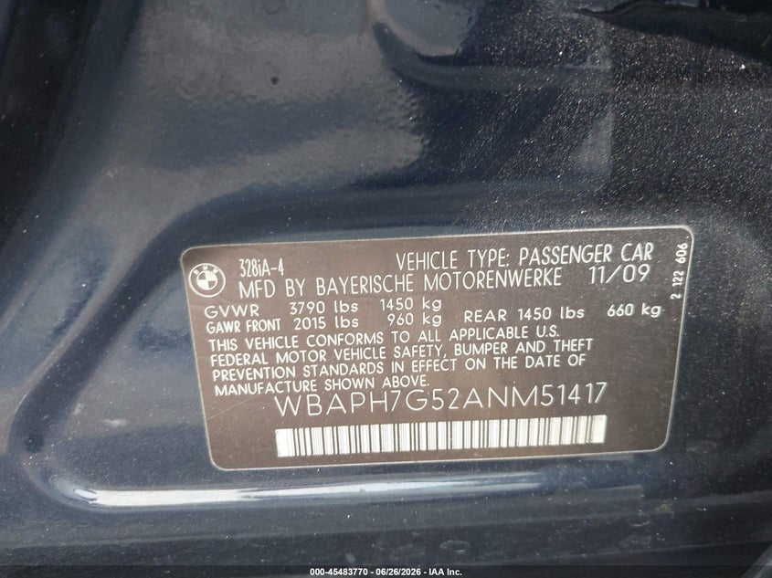 2010 BMW 3ER SEDAN 3.0L I-6 DOHC, VVT, 230HP