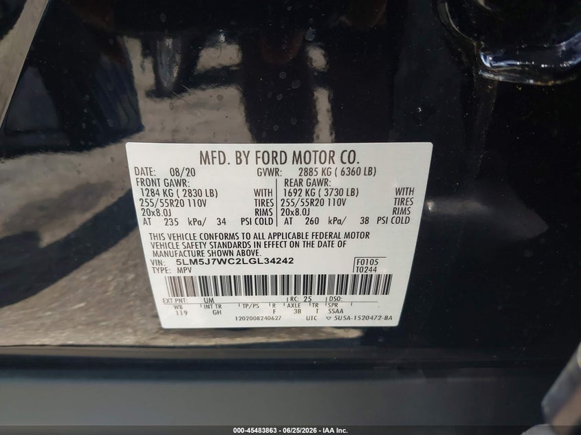 2020 Lincoln Aviator Reserve VIN: 5LM5J7WC2LGL34242 Lot: 45483863