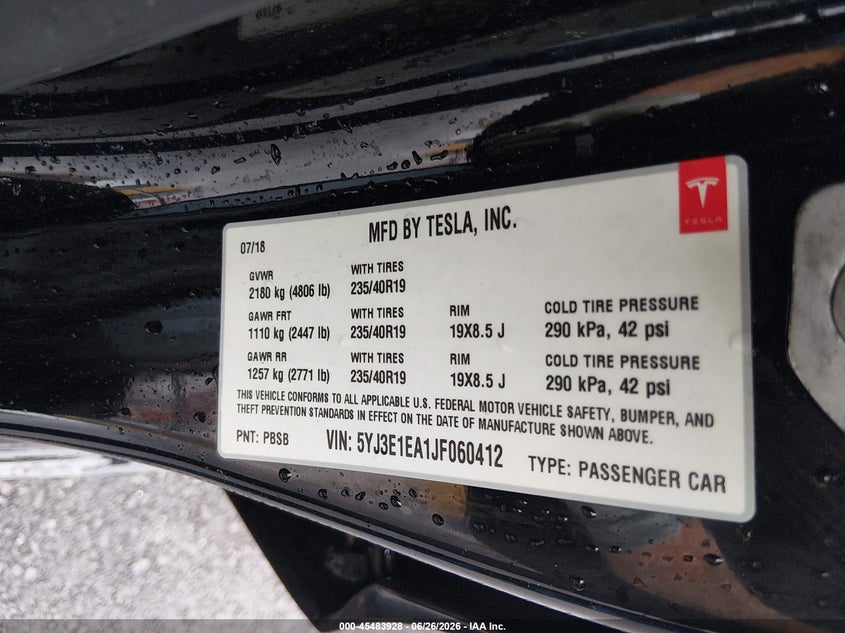 2018 Tesla Model 3 Long Range/Mid Range VIN: 5YJ3E1EA1JF060412 Lot: 45483928