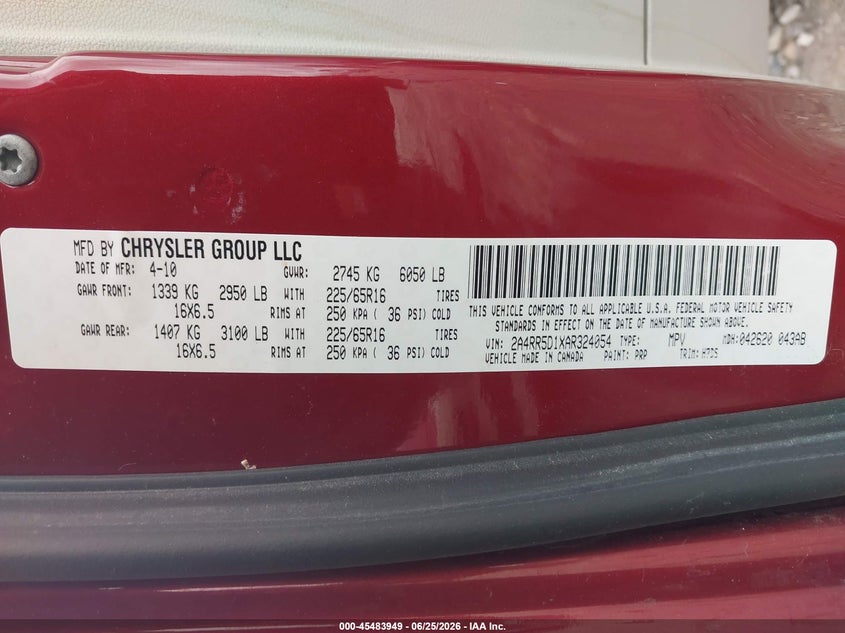2010 CHRYSLER TOWN & COUNTRY VAN 3.8L V-6 197HP