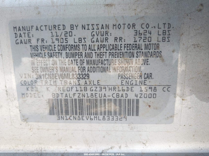 2021 Nissan Versa Sv Xtronic Cvt VIN: 3N1CN8EV6ML833329 Lot: 45483960