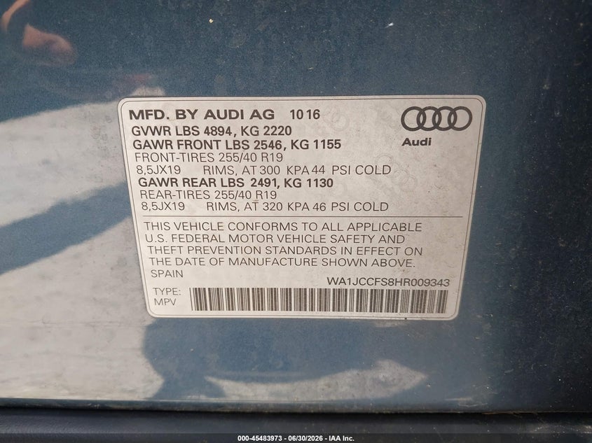2017 Audi Q3 2.0T Premium VIN: WA1JCCFS8HR009343 Lot: 45483973