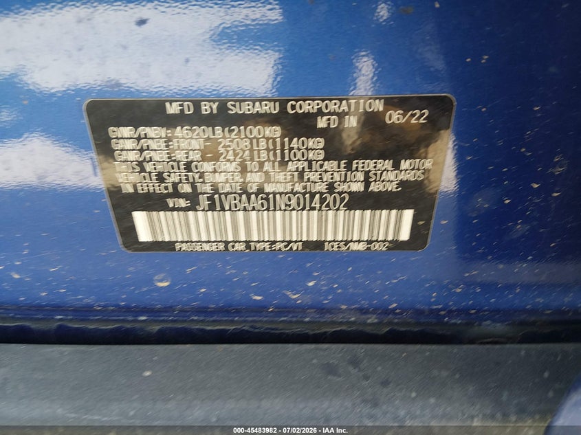 2022 SUBARU WRX SEDAN 2.4L H-4 DI, DOHC, VVT, TURBO, 271HP