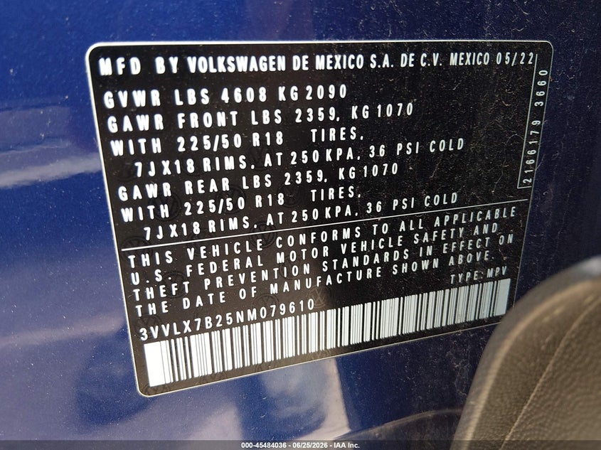 2022 Volkswagen Taos 1.5T Se VIN: 3VVLX7B25NM079610 Lot: 45484036