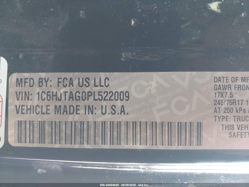 2023 Jeep Gladiator Sport S 4X4 VIN: 1C6HJTAG0PL522009 Lot: 45484049