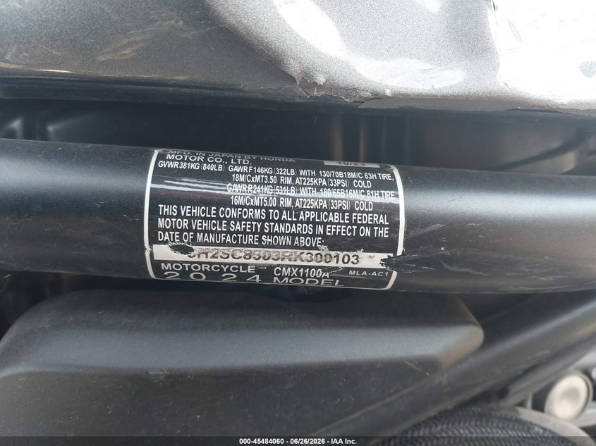 2024 Honda Cmx1100 A VIN: JH2SC8303RK300103 Lot: 45484060