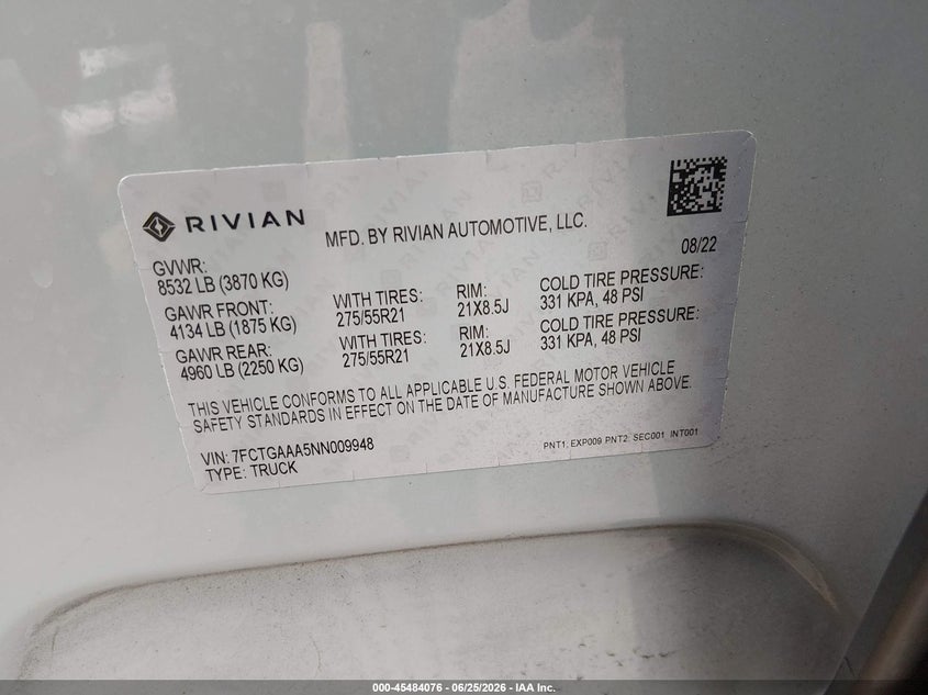 2022 Rivian R1T Adventure VIN: 7FCTGAAA5NN009948 Lot: 45484076