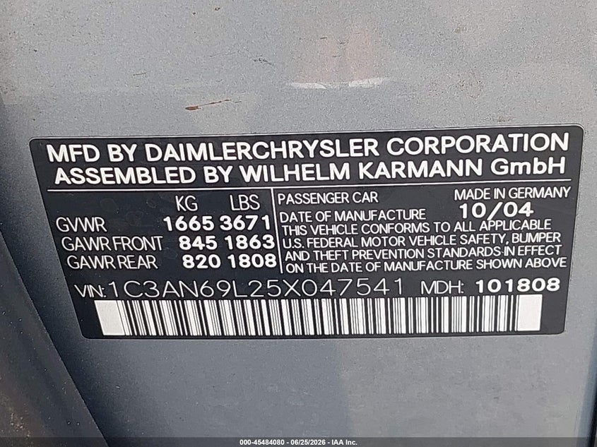 2005 Chrysler Crossfire Limited VIN: 1C3AN69L25X047541 Lot: 45484080