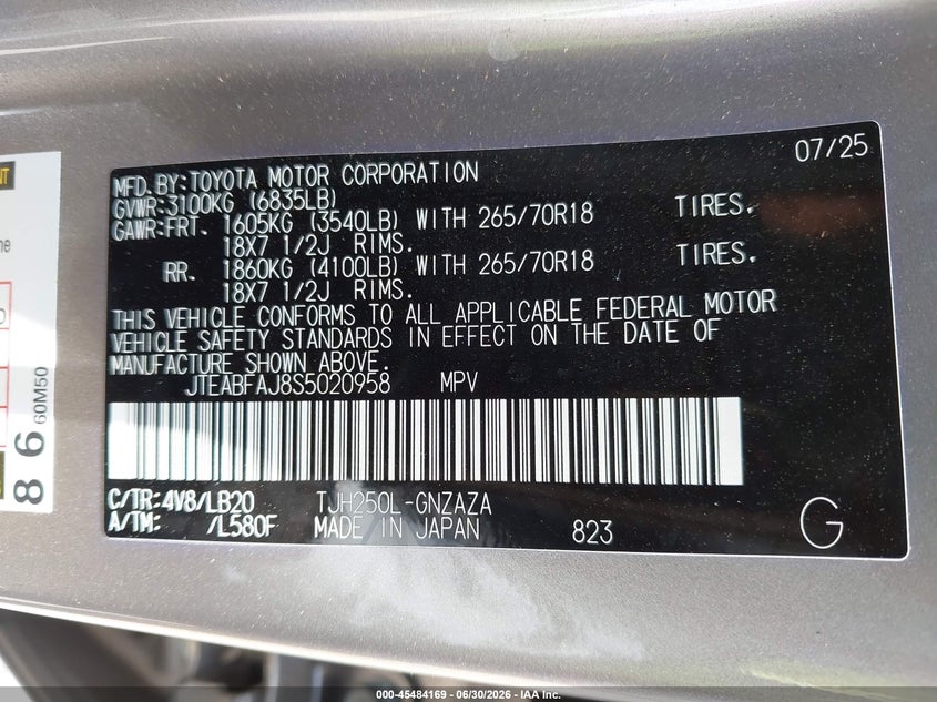 2025 Toyota Land Cruiser VIN: JTEABFAJ8S5020958 Lot: 45484169