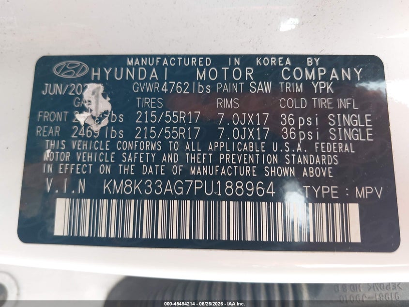 2023 Hyundai Kona Electric Sel VIN: KM8K33AG7PU188964 Lot: 45484214