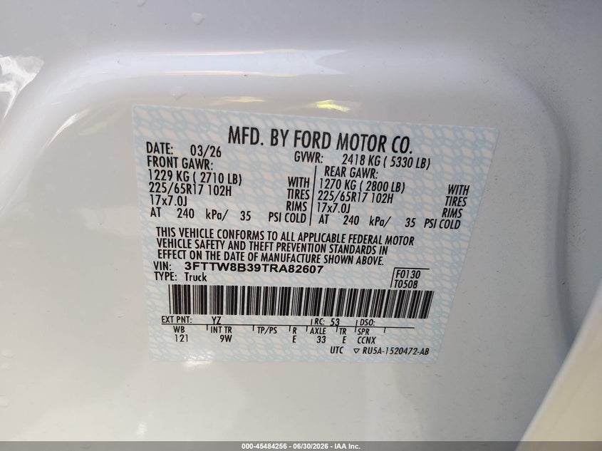 2026 Ford Maverick Xl VIN: 3FTTW8B39TRA82607 Lot: 45484256