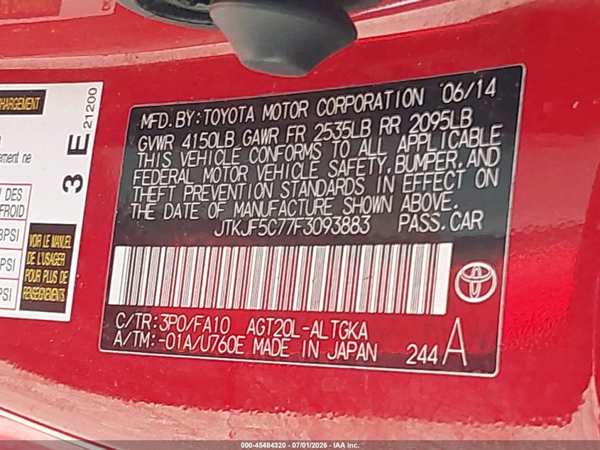 2015 Scion Tc VIN: JTKJF5C77F3093883 Lot: 45484320