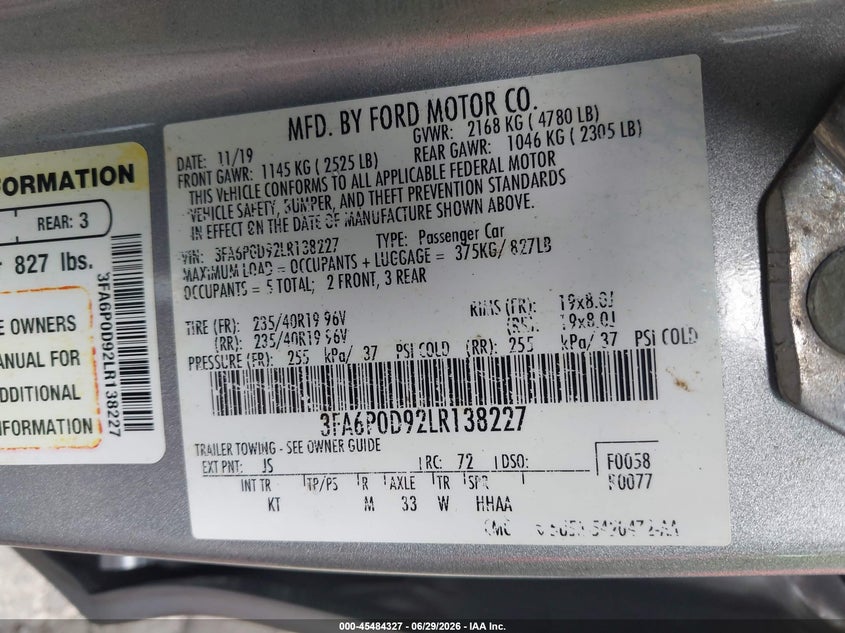 2020 FORD FUSION SEDAN 2.0L I-4 DI, DOHC, VVT, TURBO, 245HP