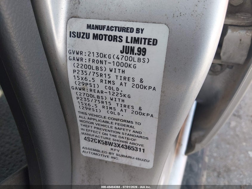 1999 Isuzu Rodeo Ls/Lse/S 3.2L VIN: 4S2CK58W3X4365311 Lot: 45484368