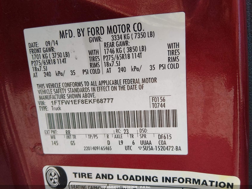 2014 Ford F-150 VIN: 1FTFW1EF8EKF68777 Lot: 45484521