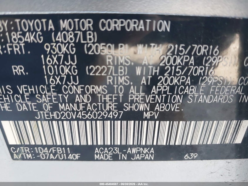 TOYOTA RAV4 2005 VIN JTEHD20V456029497
