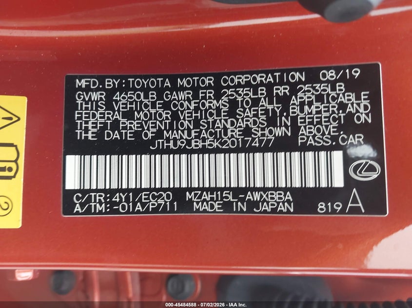 2019 Lexus Ux 250H VIN: JTHU9JBH5K2017477 Lot: 45484588