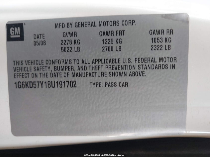 2008 Cadillac Dts 1Sc VIN: 1G6KD57Y18U191702 Lot: 45484684