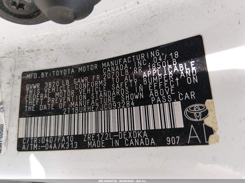 VIN 2T1BURHE7JC093284 2018 TOYOTA COROLLA L