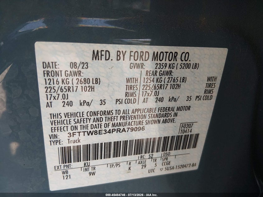 2023 Ford Maverick Xl VIN: 3FTTW8E34PRA79096 Lot: 45484746